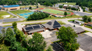Beauty shot of Faith Lutheran Church's rooftop solar installation on their newly renovated building overlooking their campus | nonprofit solar incentives helped them save big on energy bills