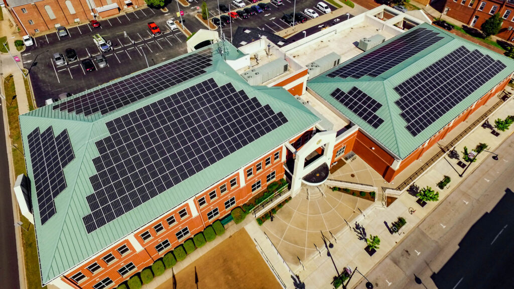 aerial view of solar array on government building installed by StraightUp Solar | City of Carbondale Civic Center