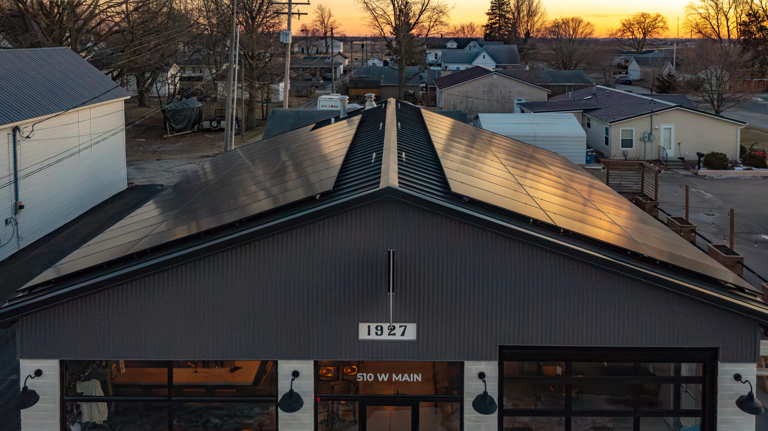 aerial view of Analytical Brewing’s commercial solar installation in Lexington, Illinois