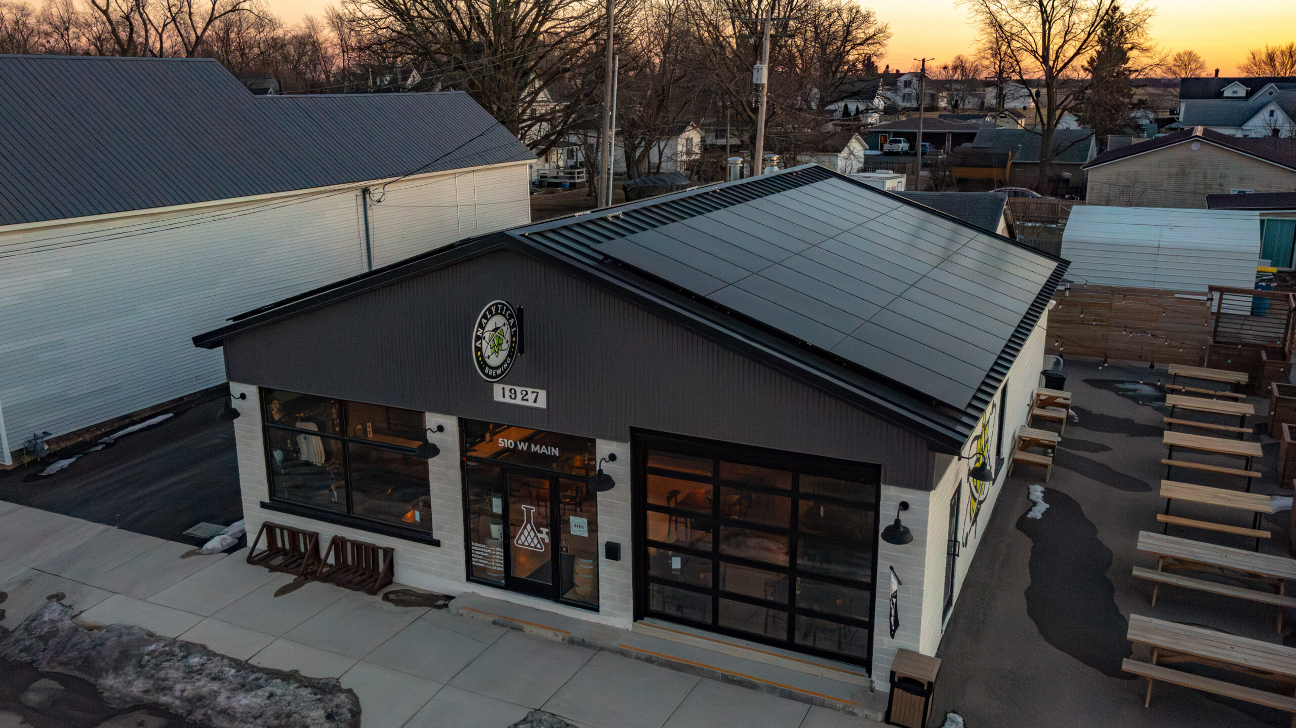 aerial view of Analytical Brewing’s commercial solar installation in Lexington, Illinois