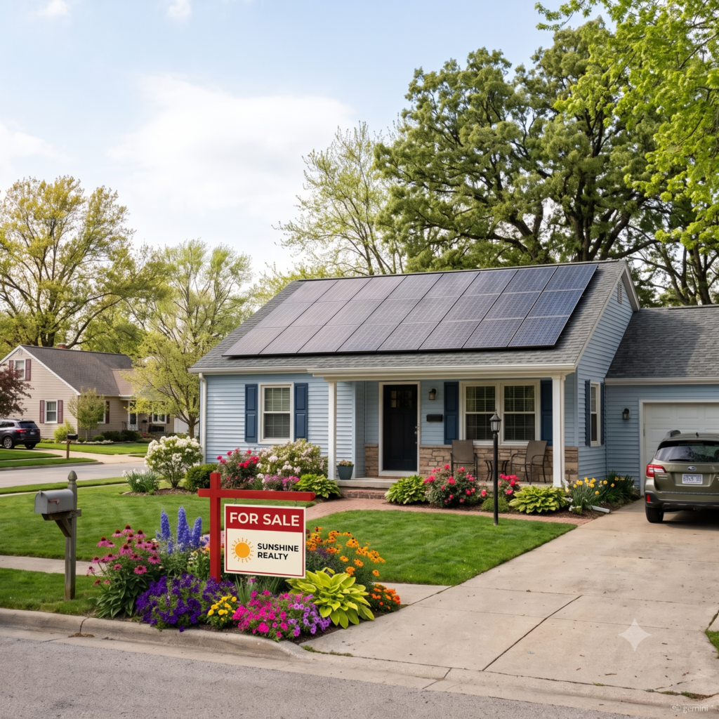 home with rooftop solar and "for sale" sign in front yard