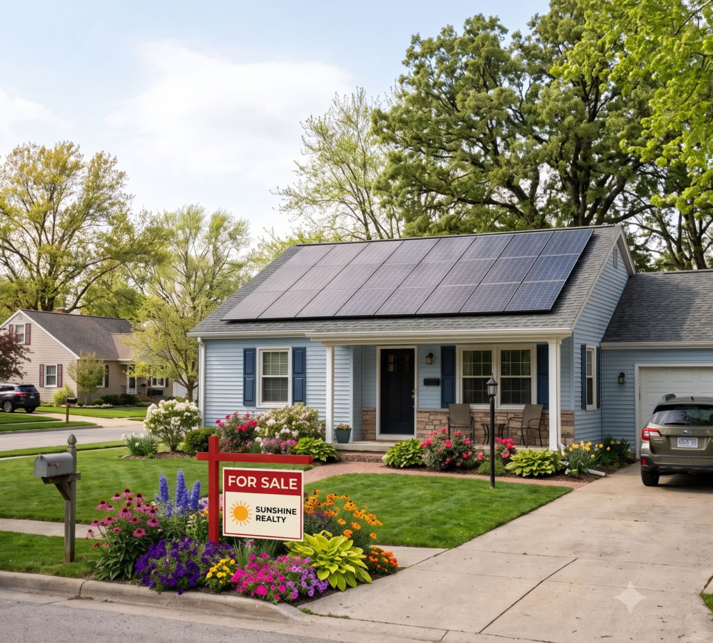 home with rooftop solar and "for sale" sign in front yard