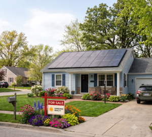 home with rooftop solar and "for sale" sign in front yard